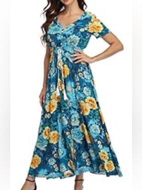 Teal Floral Maxi Dress with Elastic Waist and Tie